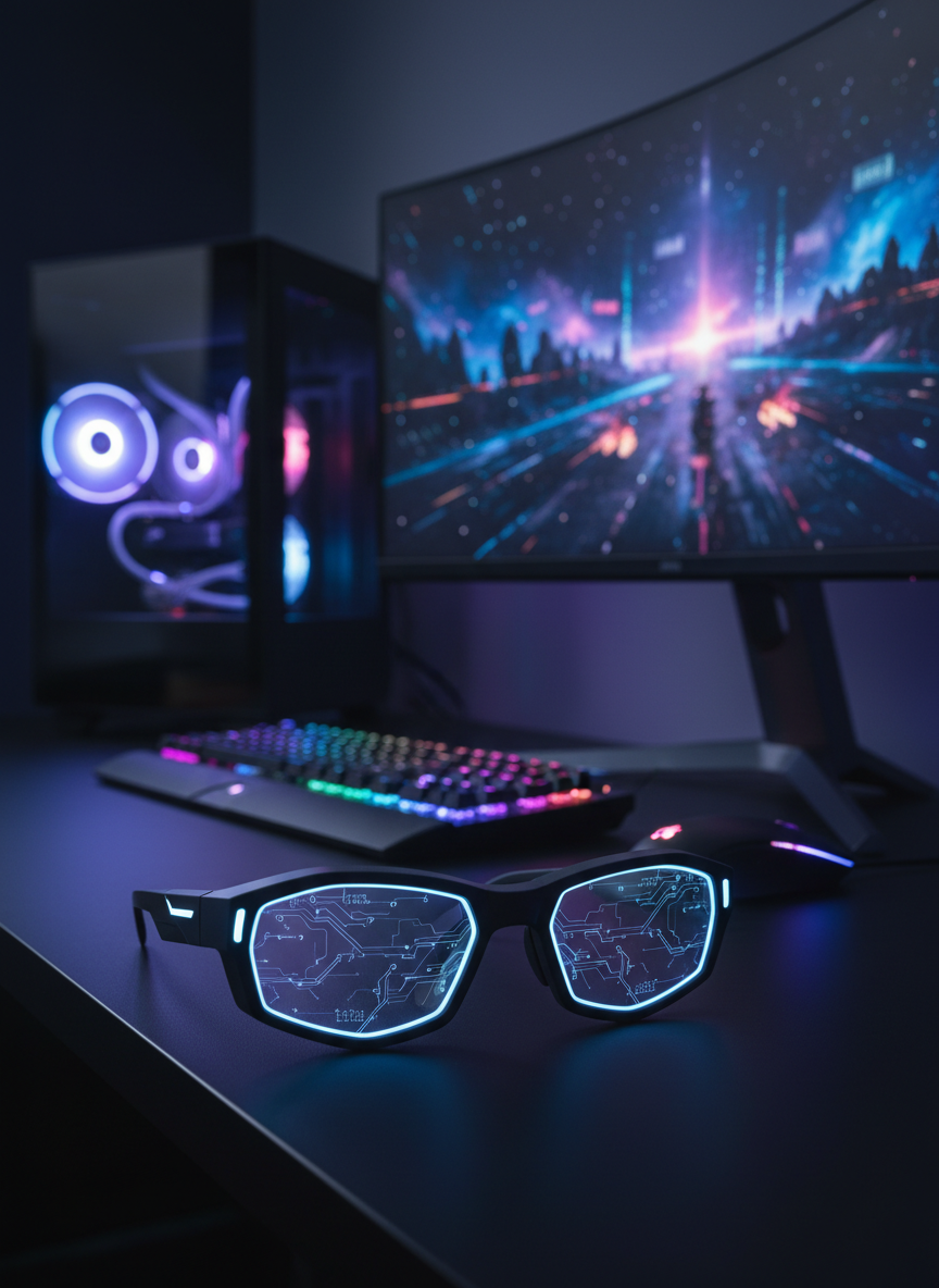 A pair of sleek, AI-powered gaming glasses with angular, matte-black frames and subtle neon blue accents resting beside a high-end gaming monitor on a minimalist black desk. The lenses have a faint, holographic circuit pattern glowing softly, suggesting advanced focus-enhancement technology. RGB backlighting from the keyboard and PC tower casts dynamic reflections across the lenses. The scene is lit by dramatic, low-key studio lighting with a cool tone, emphasizing sharp edges and metallic textures. Shot at eye level with shallow depth of field, the glasses are in razor-sharp focus while the monitor and peripherals blur into a bokeh of colored lights, creating a bold, tech-forward, photographic realism suitable for a homepage hero image.